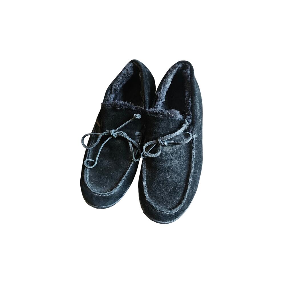 Vionic Adler Slipper Black Suede Moccasin Faux Fur Lined Shoes Mens Size 9.5